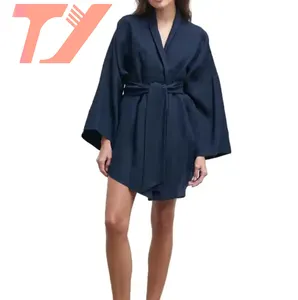 Tuoyi cotton và Linen ăn mặc Châu Âu và Mỹ mùa thu lỏng thường xuyên V vành đai một mảnh ăn mặc Midi Ăn mặc