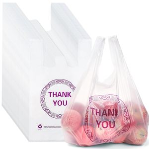 ถุงพลาสติกมีหูหิ้วแบบ "ขอบคุณ" ถุงเสื้อยืดแบบ "ขอบคุณ" จำนวนมาก ถุงช้อปปิ้งแบบใช้ซ้ำได้สำหรับร้านอาหาร ร้านค้าปลีก - Product Image 1