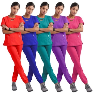 Women <b>Scrub</b> <b>Set</b> Solid Color V Neck Short Sleeve Pocket Stretch Uniform Hospital Workwear Split <b>Set</b> Moisture Wicking - Product Image 1