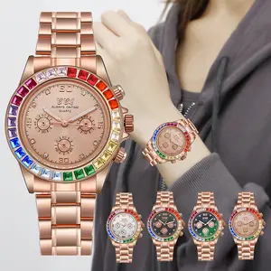 HY New fashion diamond-inlaid steel belt women's watch business atmosphere color rhinestone retro decorative