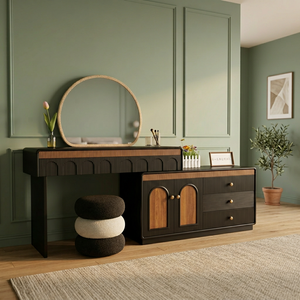 Modern Black Wood Makeup <b>Vanity</b> with Lighted Round <b>Mirror</b> and Storage Drawers for Bedroom Furniture - Product Image 3