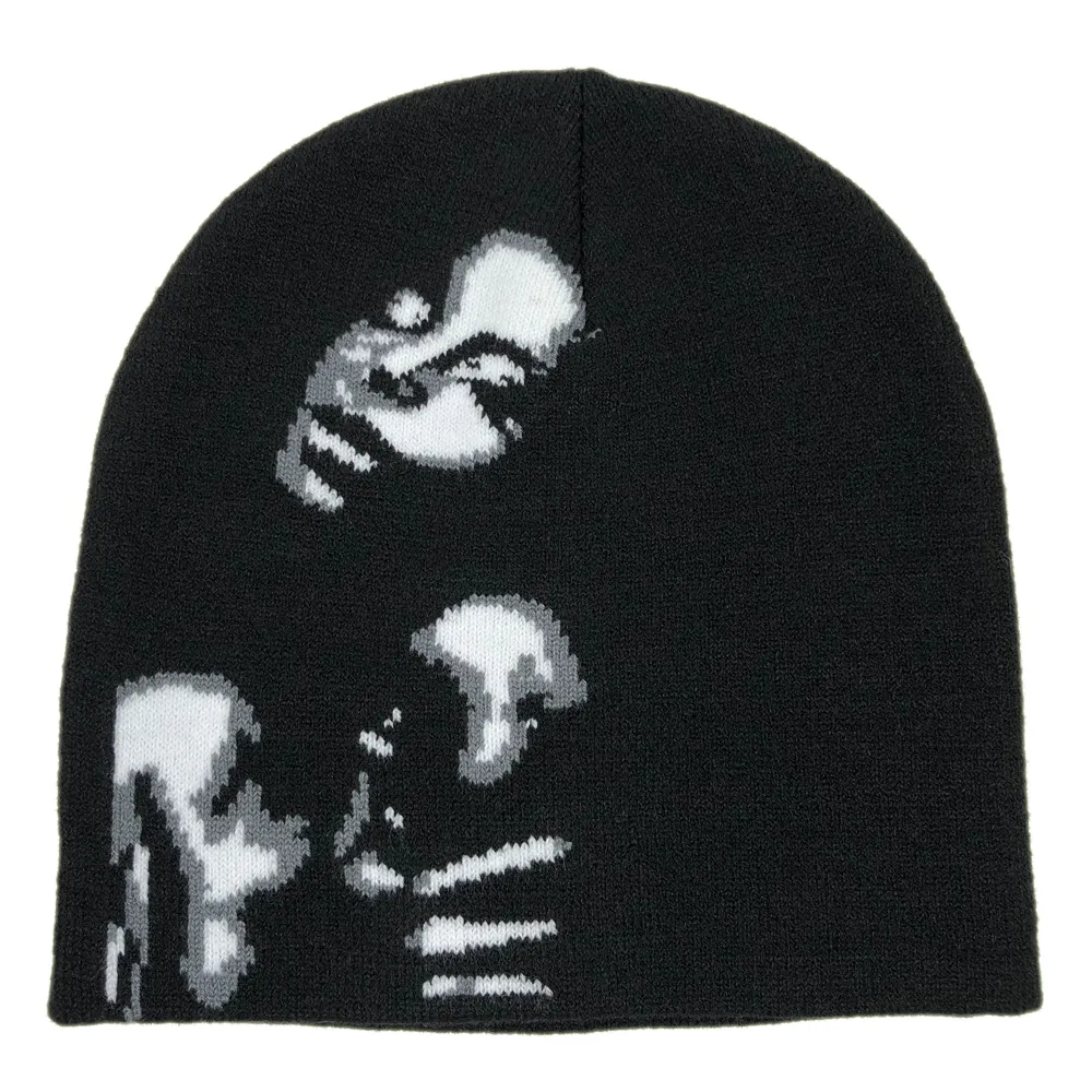 Modello logo personalizzato OEM senza piega beanie da uomo alla moda nero lavorato a maglia cappelli invernali a prova di vento teschio sportivo in acrilico berretto hip hop