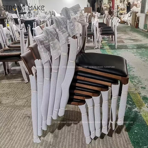 Antiek stapelbare eetkamerstoel restaurant modern luxe retro vintage lederen Scandinavische stoel van massief essenhout voor eettafel - Product Image 2