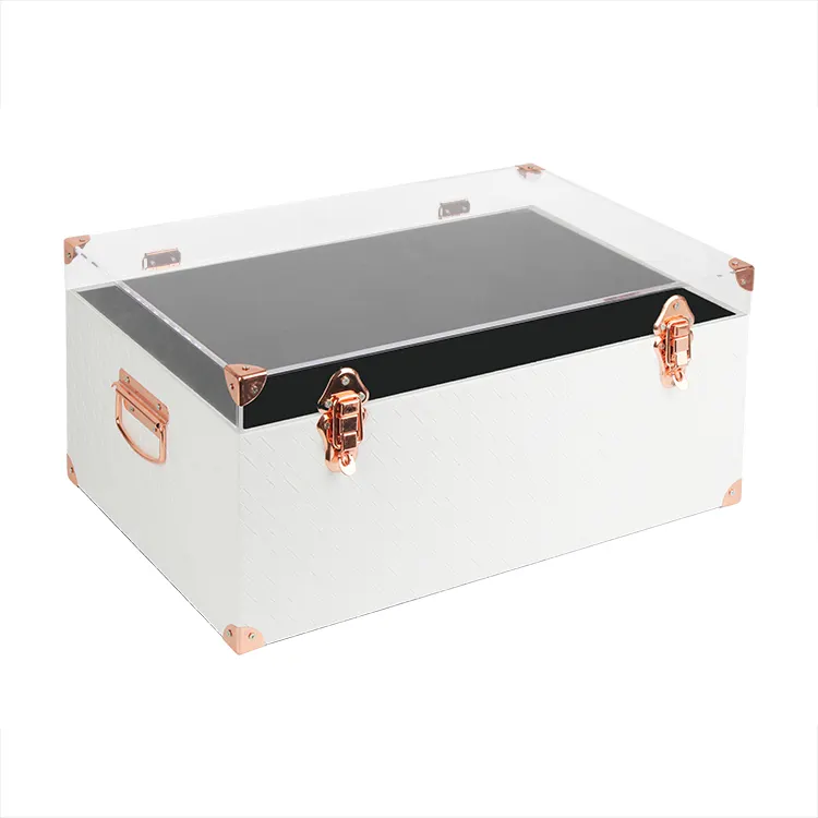 Acryl-Kofferraum deckel und Aufbewahrung sbox aus weißem Leder mit rosé goldfarbenem Metall zubehör