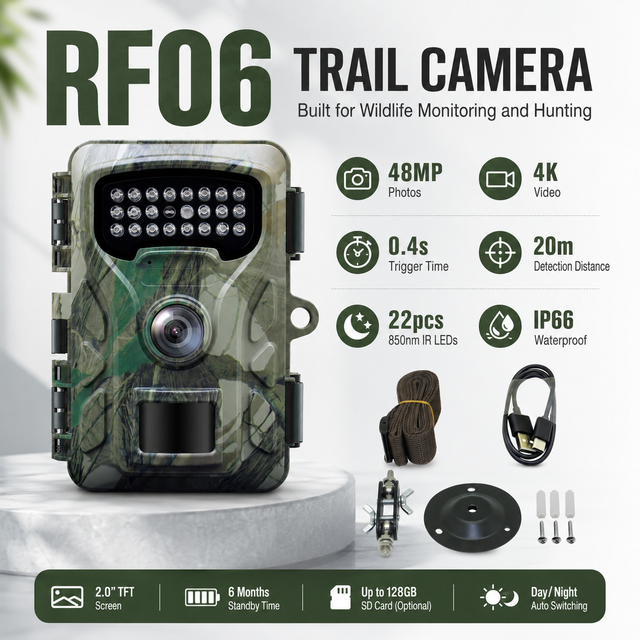RF06 48MP 4K SD Trail Camera 0.4s Trigger Time 90 Wide Angle Lens IP66 Waterproof 65ft Night Vision Wildlife Hunting Camera