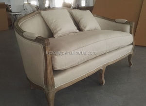 Sofa Antik 1 + 2 + 3 ruang tamu, kain Linen bingkai ukiran kayu antik - Product Image 3