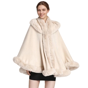 Women Faux Fur Hooded Cloak Flurry Rabbit Fur Trimmed Shawl Open Front Sleeveless <b>Wrap</b> for Traveling Street Walking - Product Image 1