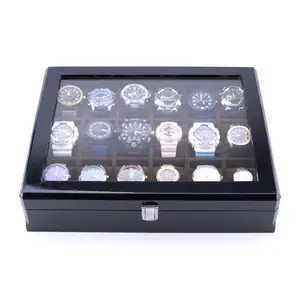 豪华手工18槽高光木制手表展示盒，带钥匙锁套装和手表收藏家窗口