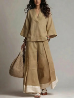 Ensemble Femme Printemps-Été 2026 : Chemise Col V Manches Trois-Quarts Effet Lin et Pantalon Large Color Block