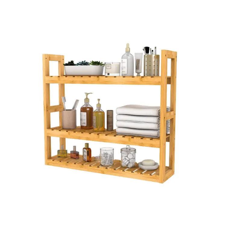 Rustic 3 tier wall mount storage rack multifunctional adjustable bamboo corner shelf bathroom