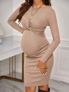 Venta al por mayor Mujeres Embarazadas <span class=keywords><strong>Vestido</strong></span> de Punto de Color Sólido Cuello Redondo Manga Larga Elástico <span class=keywords><strong>Ajustado</strong></span> Casual Home Vestidos de Maternidad - Product Image 6