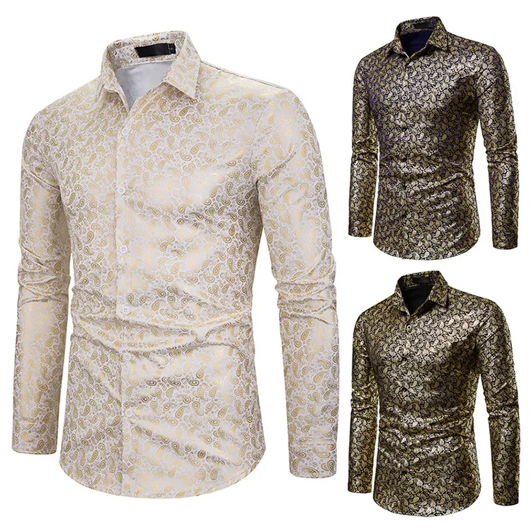 Última Venta caliente camisa de fiesta hombres poliéster algodón oro brillante impreso esmoquin slim fit camisa de vestir