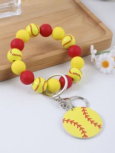 New Sports Baseball Softball Silicone Bead <b>Wristlet</b> Keychain With Wood Chip Pu Leather Tassels Charms Game Day Bracelet Keyring - Product Image 5