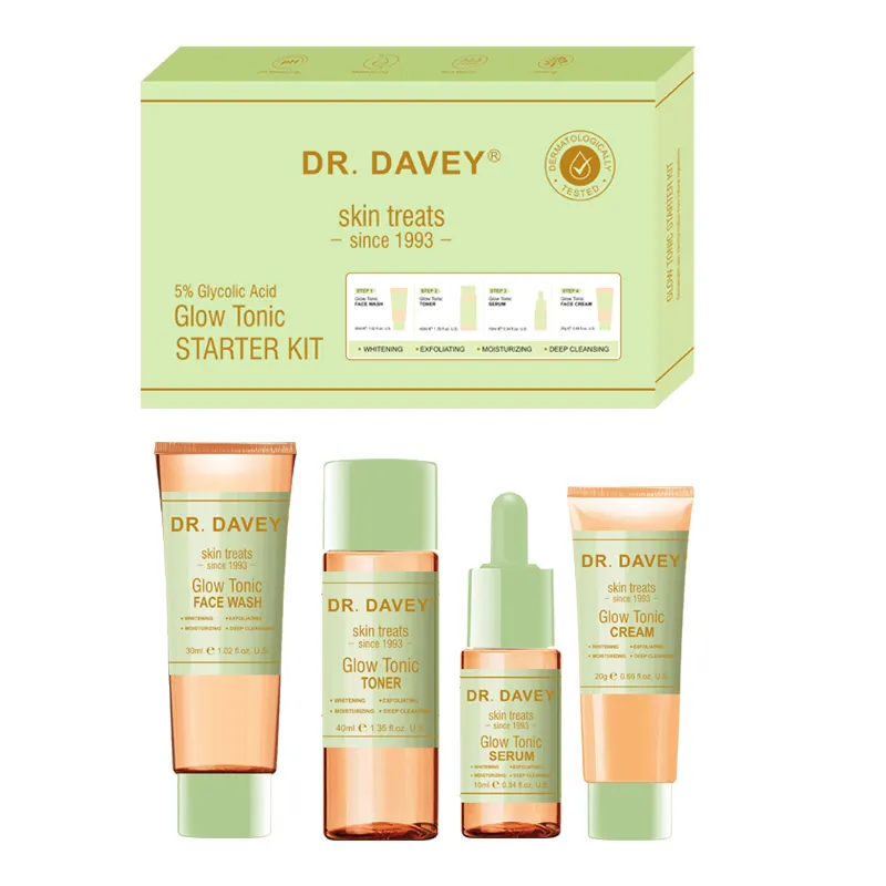 Dr. davey glow conjunto de toni 5% ácido glicólico, kit iniciante de reparação facial, creme soro 4 em 1, conjunto de cuidados com a pele, líquido diário, feminino