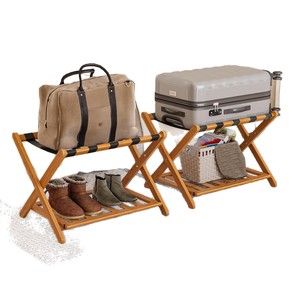 Solid wood double-layer <b>foldable</b> luggage rack with shoe rack, heavy-duty luggage storage rack for hotel bedrooms, and <b>suitcase</b> - Product Image 2