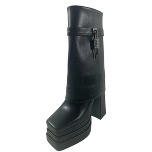 Botines de tacón grueso con plataforma alta y punta cuadrada para mujer, de metal, con diseño superpuesto y plegado - Product Image 3