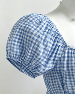 Blue and <b>White</b> Gingham Peplum Women Blouse Square Neck Puff Short Sleeve Button Front Summer Shirt - Product Image 3