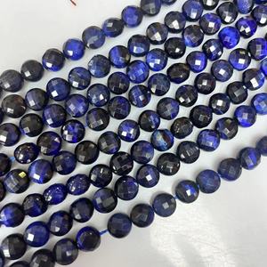 Oeil de tigre <span class=keywords><strong>bleu</strong></span> 10mm disque rond à facettes cristal agate ronde Double tortues visage perles de pierre environ: 380mm/str - Product Image 1