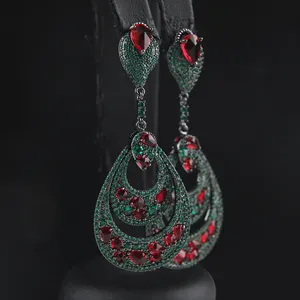 Luxury Indian Style Colored Zircon Multicolor Big Drop Dangling Earrings For Women Chandelier Earrings
