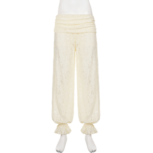 Pantalones de punto para mujer, semitransparentes, con encaje, cintura plegable, estilo vintage, jogger, tipo paracaídas - Product Image 6