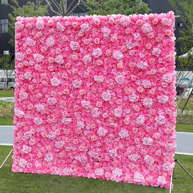 Décor de toile de fond pour mur floral de scène de mariage tapis de rideau mural en fleur de rose rose de haute qualité tissu à enrouler mur de fleurs en soie