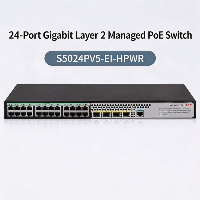 H3C S5024PV5-EI-HPWR Gigabit Ethernet Switch 24-Port GE High-Power PoE+ 4*GE SFP Uplink Layer 2 Enhanced Managed New Stock