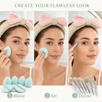 Logo personnalisé 33 pièces : Bandeau pour cheveux, Éponge de maquillage pour le visage, les yeux, le blush et la poudre, Trousse de maquillage verte, Ensemble de pinceaux de maquillage
