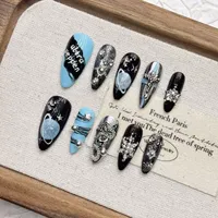 Faux ongles à presser en gros, faits à la main, bleu ciel étoilé, courts, forme amande, en acrylique, avec accents dégradés