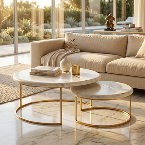 AK Brass <b>Round</b> Iron Metal Coffee <b>Table</b> Set of 2 <b>Gold</b> Finish with Marble Top for Living Room Cafe Hotel Furniture - Product Image 2