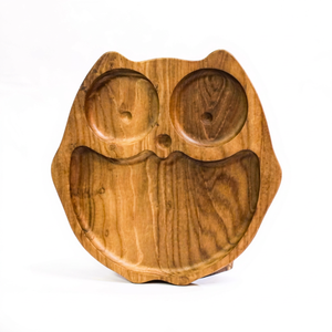 Assiette d'apprentissage pour enfants en bois de teck naturel en forme de hibou, plateau d'alimentation pour tout-petits, plat à dîner multi-compartiments pour usage domestique, durable - Product Image 1