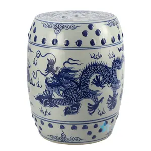 RYLL40 sgabello da tamburo da giardino in ceramica bianca e blu con motivo a drago cinese