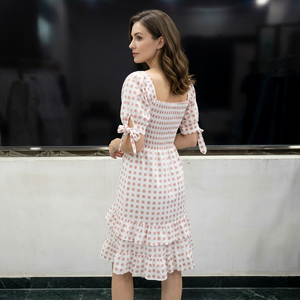 White Peach Dot Print Woven 100% Cotton Midi <b>Dress</b> Square Neck Puff Sleeve Ruched Asymmetrical Flared Hem <b>Elastic</b> Waist Casual - Product Image 3
