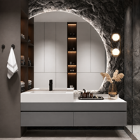 Meuble-lavabo flottant de luxe moderne avec vasque et grand miroir LED mural, armoire de salle de bain grise pour projet hôtelier