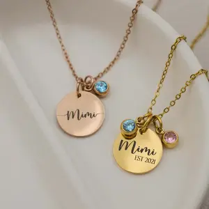 Stainless Steel Round Pendant Necklace with Waterproof Birthstone Grandmother Gift Nana Pendant Necklace for Mother's Day