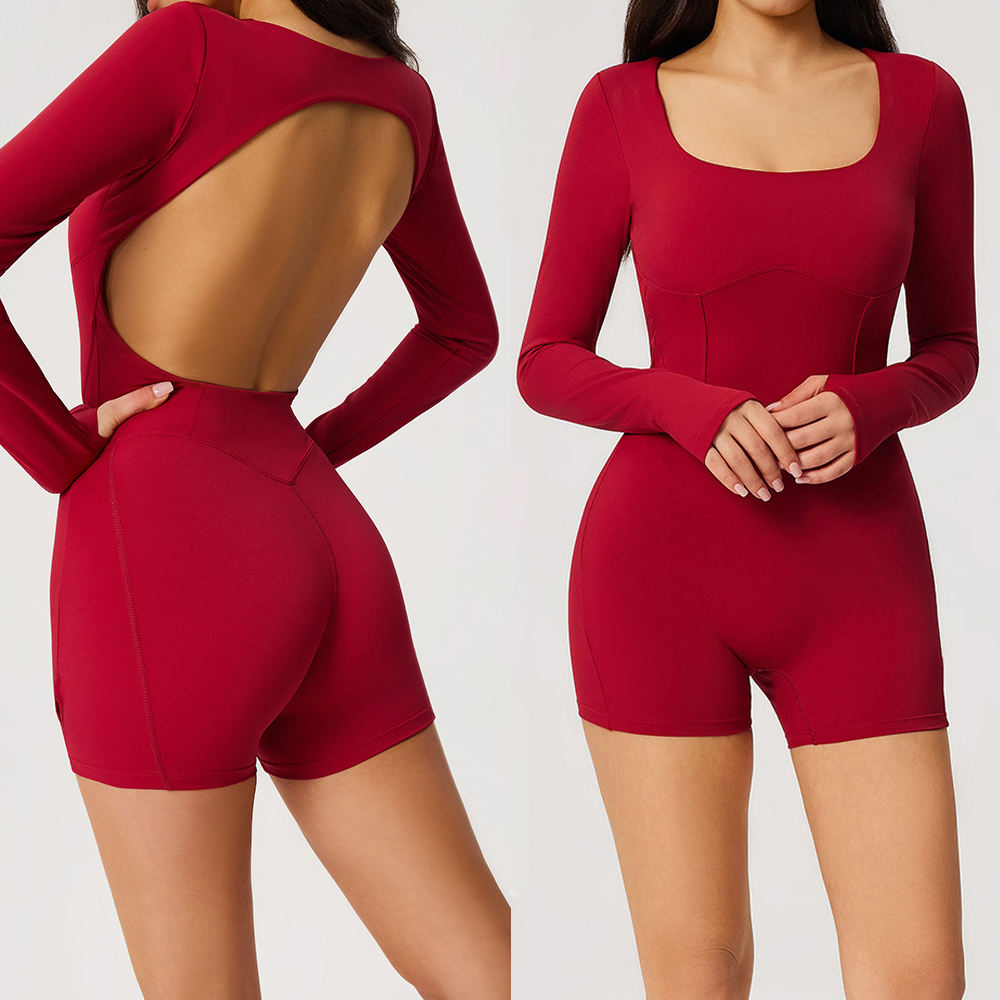 Custom Women's Long Sleeve Yoga Bodysuit Open Back Wide Square Neckline Tummy Control Workout Romper