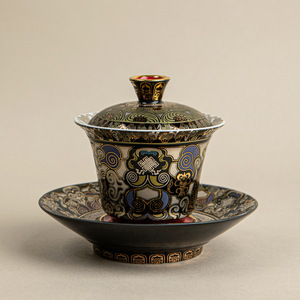 Dunhuang Black Thangka Gaiwan Gold Silver Inlaid Porcelain Covered Tea <b>Bowl</b> Luxury Traditional <b>Chinese</b> Style Lidded Tea Cup Gift - Product Image 2