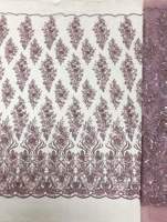 Tissu en dentelle brodée à bord festonné en maille, orné de perles lourdes, de paillettes mauves et de strass, motif vigne enroulée, pour robe africaine Dubai Aso Ebi