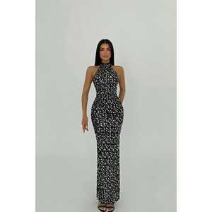 Robe de soirée formelle grise Shion ODM, col montant, brodée, coupe trapèze, silhouette fourreau, taille empire, décoration strass, taille XL - Product Image 3