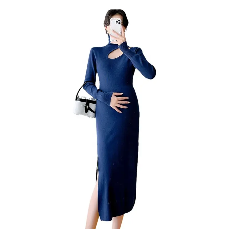 2022 MASANON Maternity Dress Long Dress Fall Full Sleeve Knitted Dress For Pregnant Woman