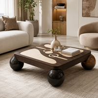 Table basse contemporaine à plateau en marbre arrondi, structure en bois robuste, design moderne et luxueux, mobilier de salon écologique, spacieuse