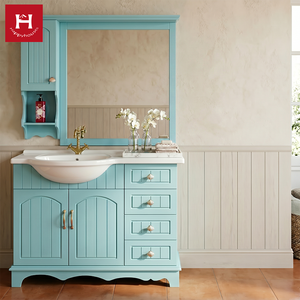 Mueble de Baño Mediterráneo Happy Houses con Doble Lavabo, Base Festoneada de Madera Sólida y Gabinete con Revestimiento de Listones para Casa de <span class=keywords><strong>Playa</strong></span>, Hotel o Villa - Product Image 3