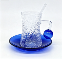Ensemble de tasses à café classiques en verre borosilicate texturé, forme sablier, avec poignée boule bleue, 120 ml, et soucoupe à thé