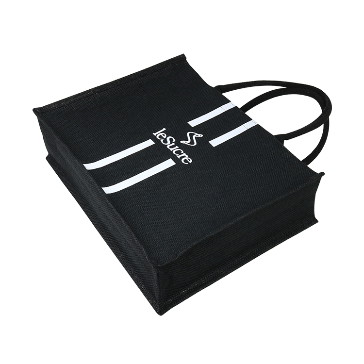 Custom Silk Screen Printing Black Jute Tote Bag With White Logo Printed