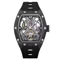 Montre sport mécanique pour homme avec boîtier carré en acier inoxydable, tourbillon, bracelet en silicone, aiguilles lumineuses, étanche