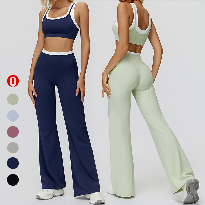 Two-piece Breathable Running Sports Bra Elastic Waist Flared Leggings Lightweight Sweat-wicking Four-way Stretch Yoga Set Women