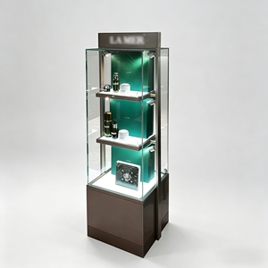 Vitrine de présentation de cosmétiques de luxe sur pied avec verre trempé et spots LED, présentoir de maquillage personnalisé - Product Image 1