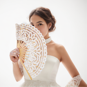 Abanico de mano de bambú de encaje de boda de lujo con logotipo personalizado, abanico de baile moderno hecho a mano bordado <span class=keywords><strong>en</strong></span> algodón - Product Image 2