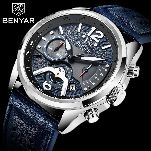 Watch Benyar 5171 Calendar Auto Date Design Sport Chronograph Life Waterproof Top Brand Men Quartz Watches Men's Leather Reloj