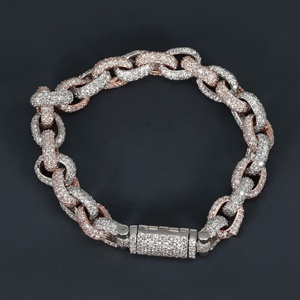 Bracelet de luxe en argent 925, maille cubaine, micro-incrustation de moissanite taillée, plaqué or rose, style hip-hop, certifié IGI, pour femme - Product Image 1