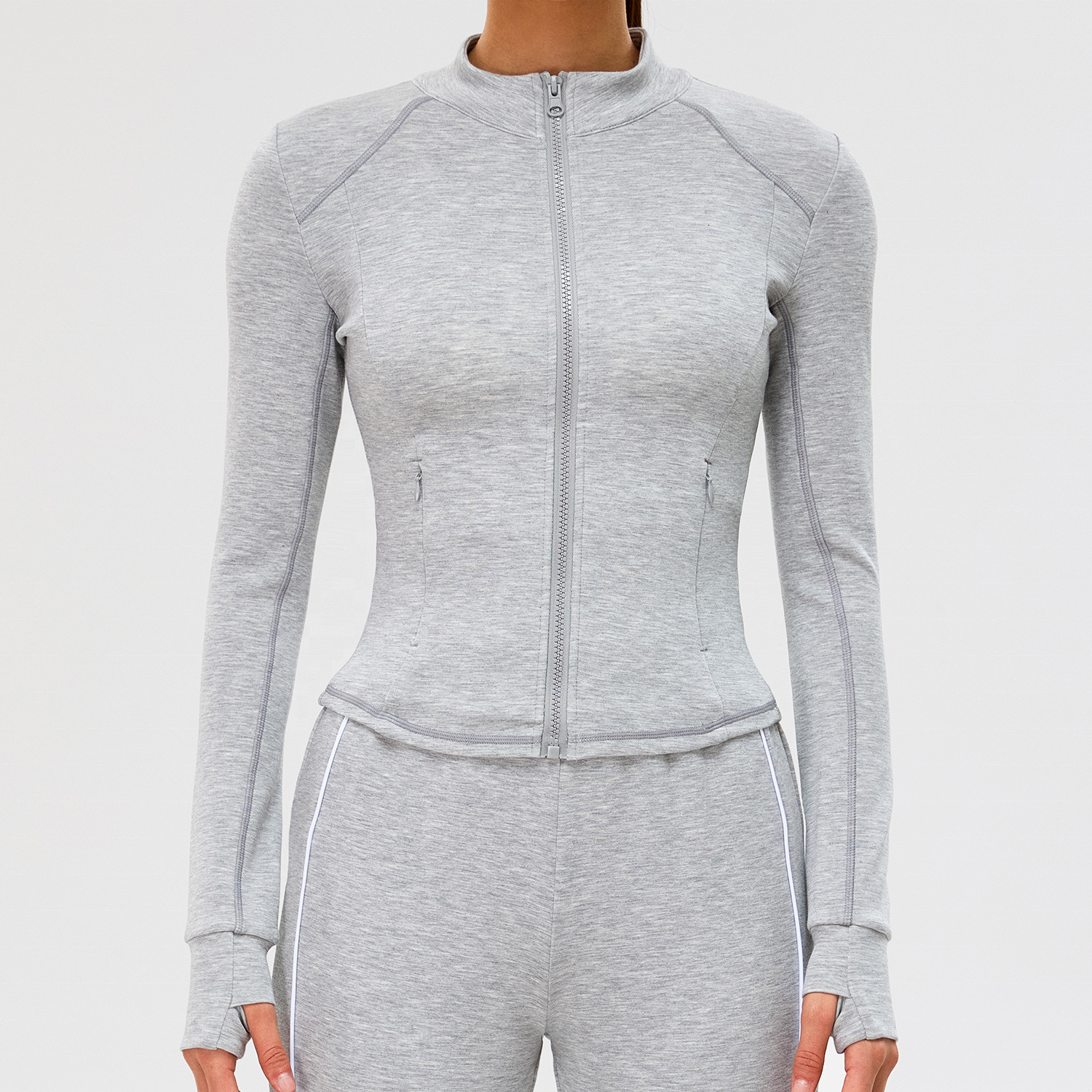 Stand Long Sleeve Women'S Tight Yoga Jackets Zipper Pockets Sports Tops Thumb Hole